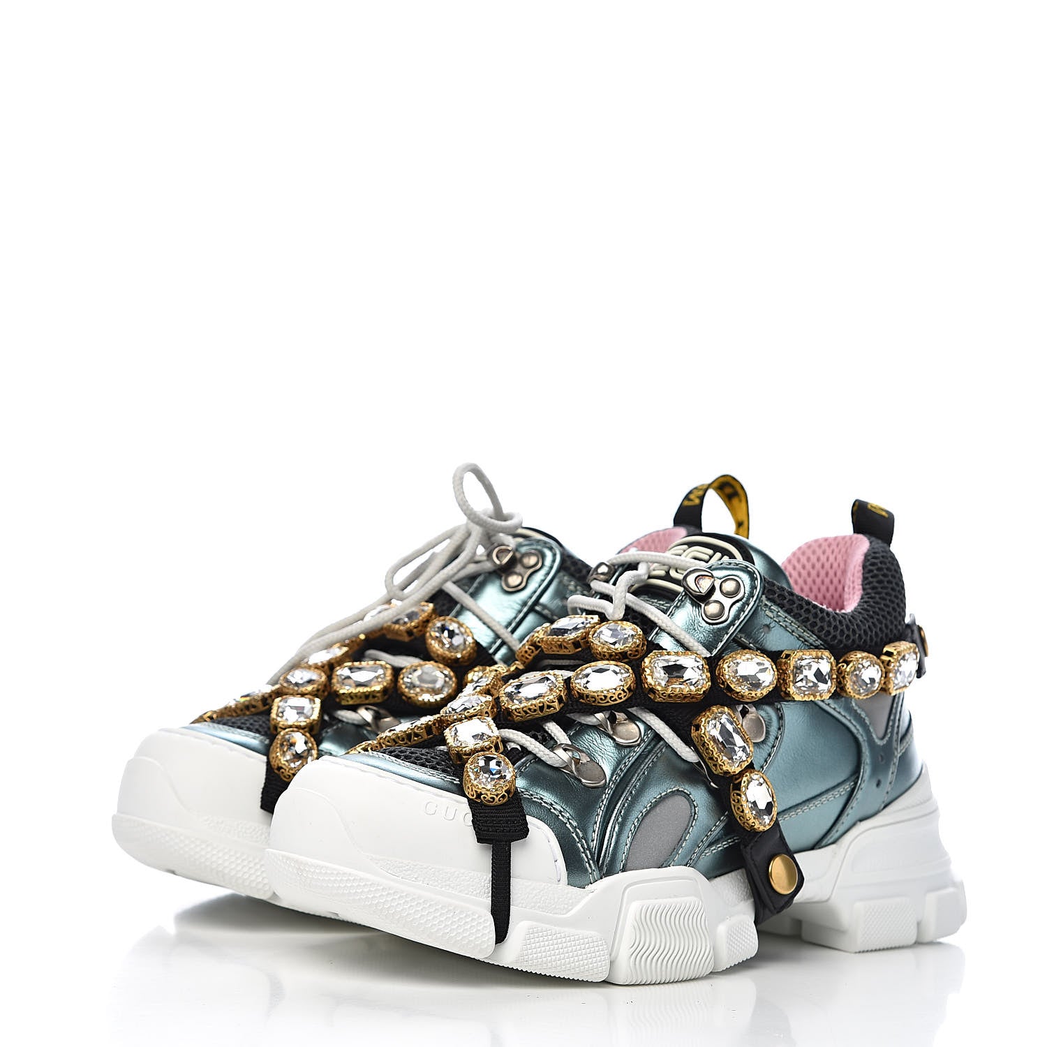 Gucci X SEGA Metallic Calfskin Removable Crystals Womens Flashtrek Sneakers 36 Lago Loess Silver 3 of 11