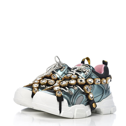 Gucci X SEGA Metallic Calfskin Removable Crystals Womens Flashtrek Sneakers 36 Lago Loess Silver 3 of 11