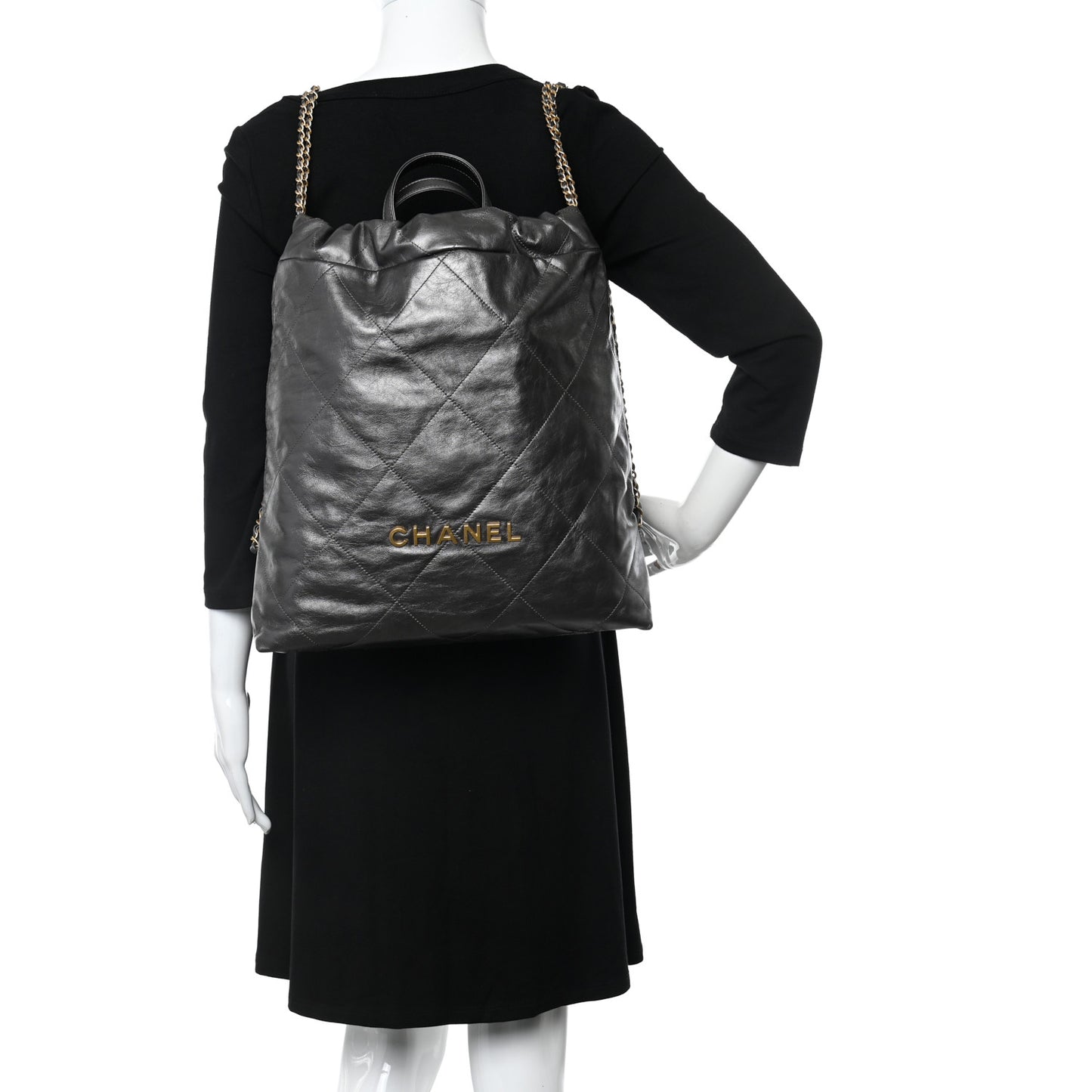 Metallic Calfskin Quilted Chanel 22 Backpack Ruthenium