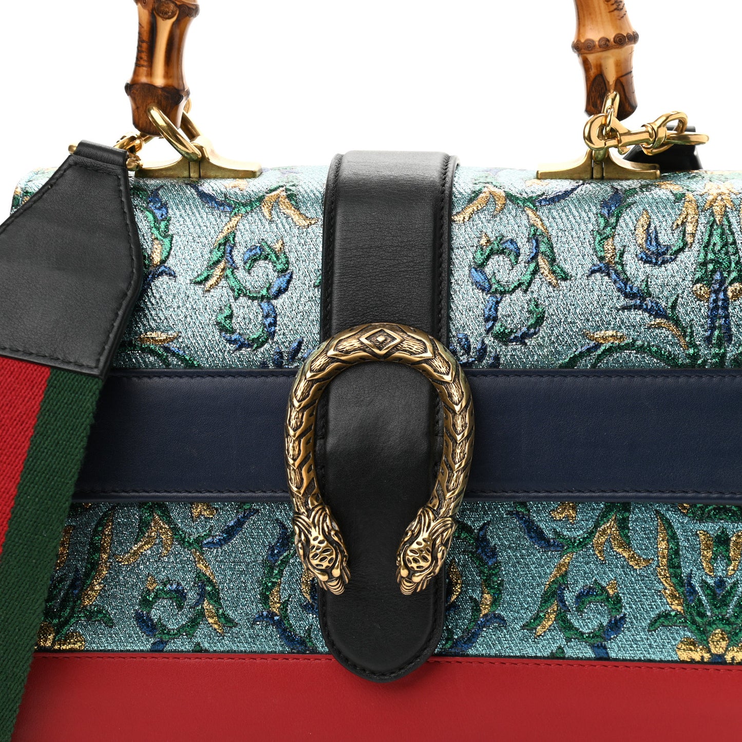 Iridescent Brocade Bamboo Web Tokyo Print Medium Dionysus Top Handle Bag Multicolor Blue Agata Hibiscus Red