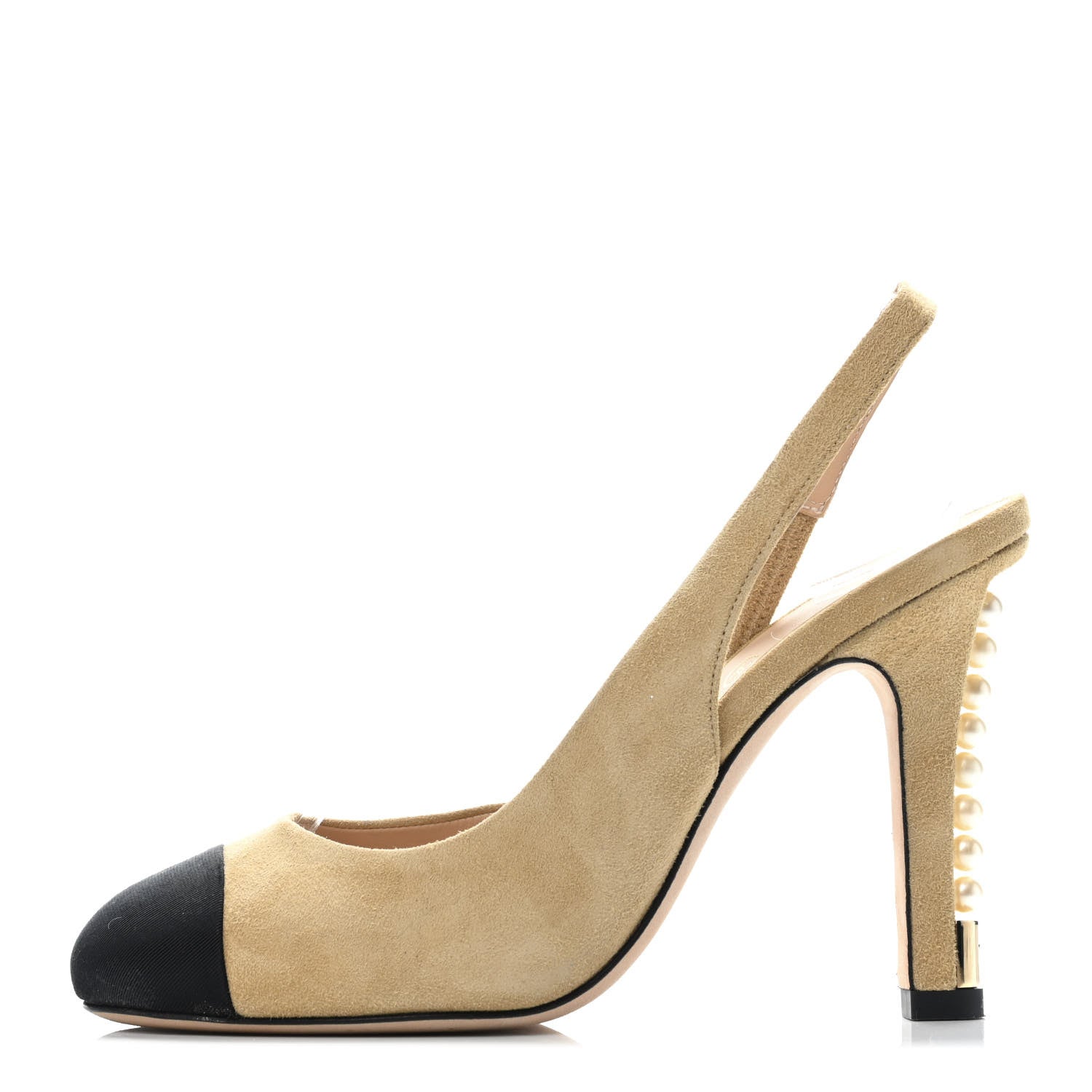 Chanel Kid Suede Grosgrain Cap Toe Pearl Slingback Pumps 36.5 Beige Black 1 of 4