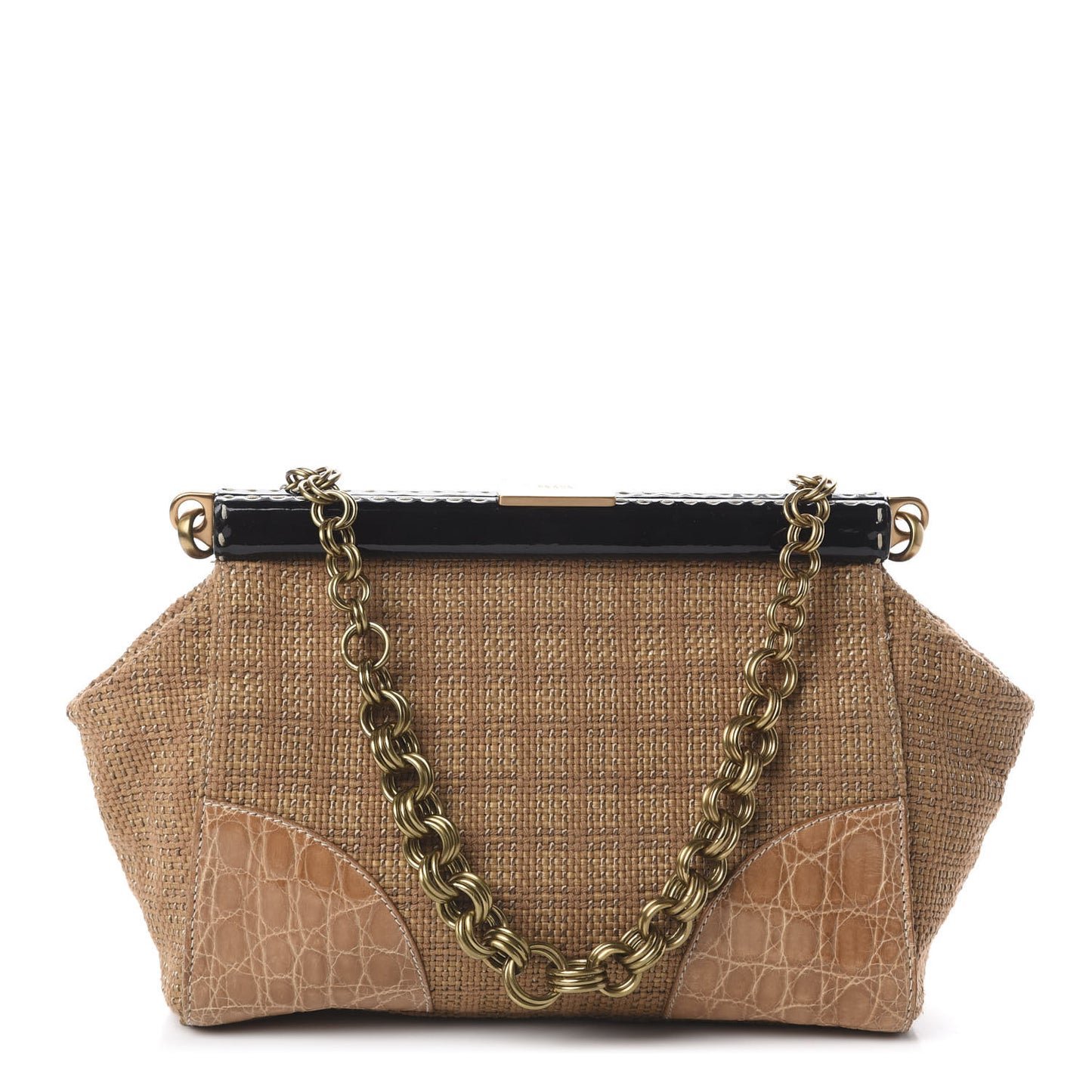 Straw Crocodile Woven Semitracolla Frame Bag Tabacco Naturale