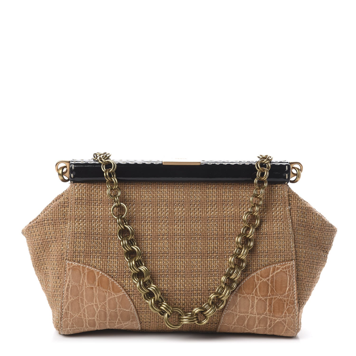 Prada Straw Crocodile Woven Semitracolla Frame Bag Tabacco Naturale 1 of 8