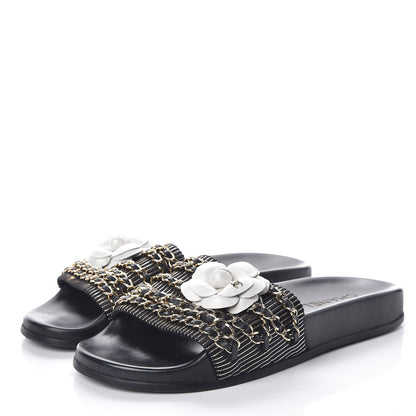 Chanel Calfskin Chain Camellia Flat Sandals 40 Black 3 of 8