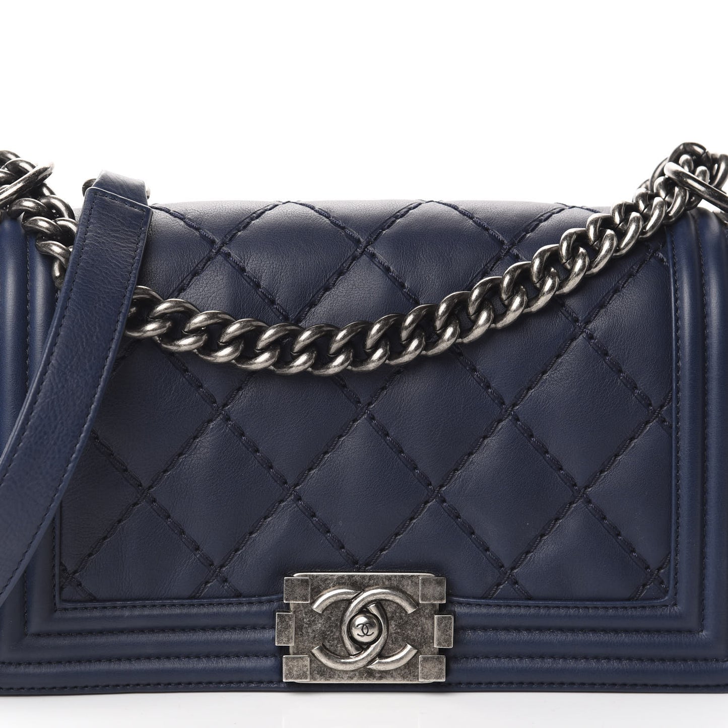 Calfskin Double Stitch Medium Boy Flap Navy Blue