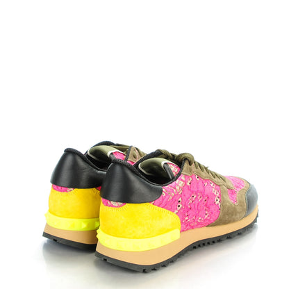 Valentino Garavani Macrame Lace Suede Womens Rockrunner Sneakers 37 Fuchsia Yellow 4 of 8