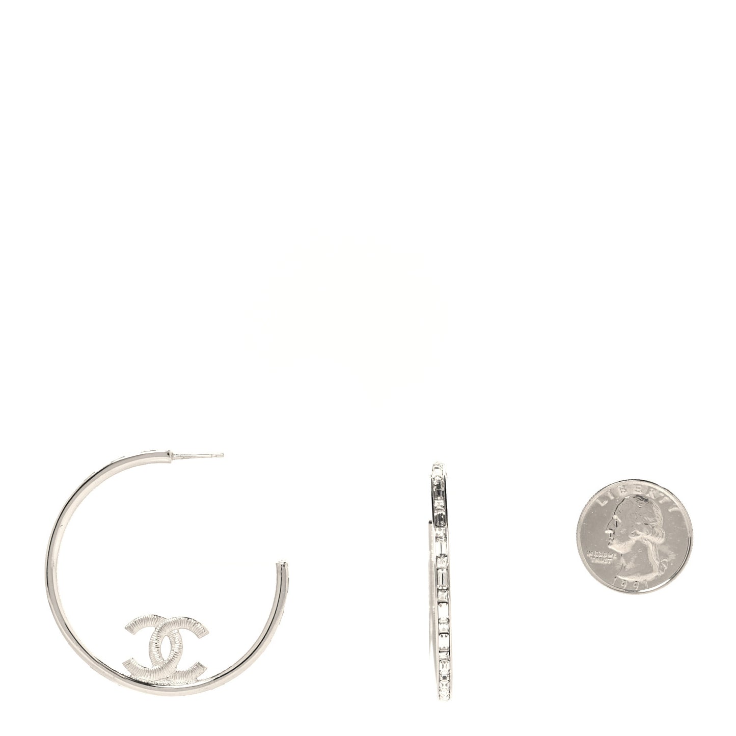 Metal Crystal Baguette CC Large Hoop Earrings Silver