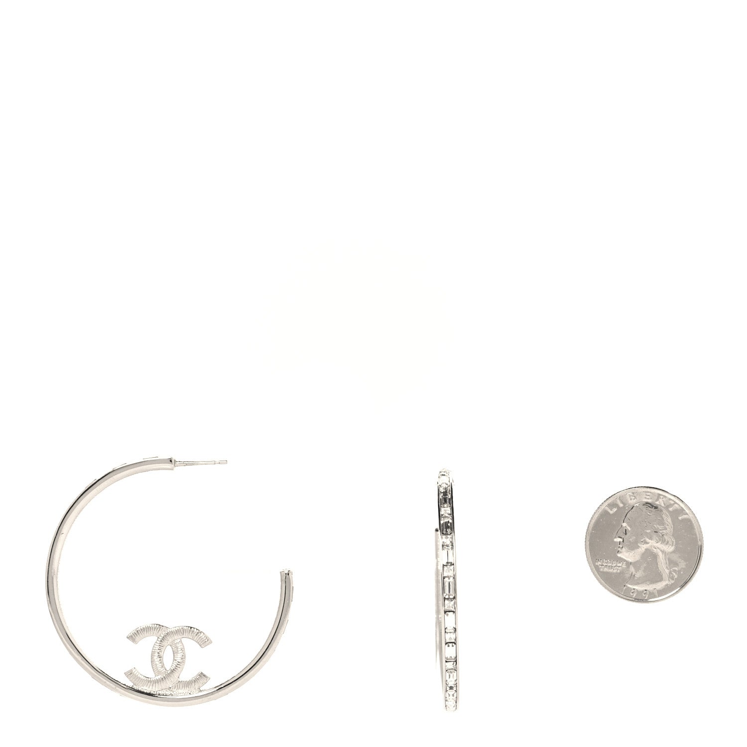 Chanel Metal Crystal Baguette CC Large Hoop Earrings Silver 2 of 4