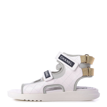 Chanel Goatskin Fabric Gladiator Sandals 38.5 White Light Grey Navy Blue 1 of 10