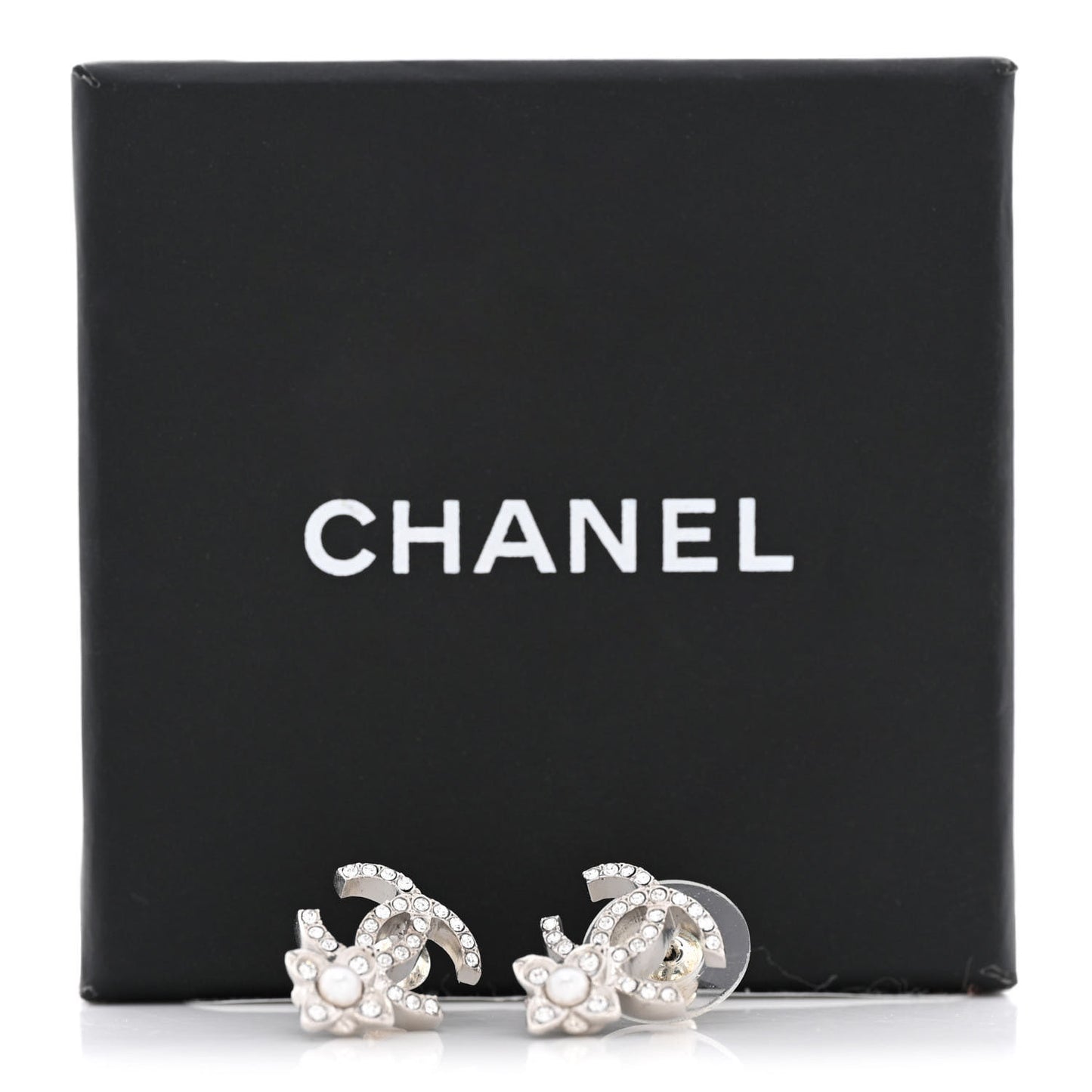 Crystal Pearl Flower CC Earrings Silver