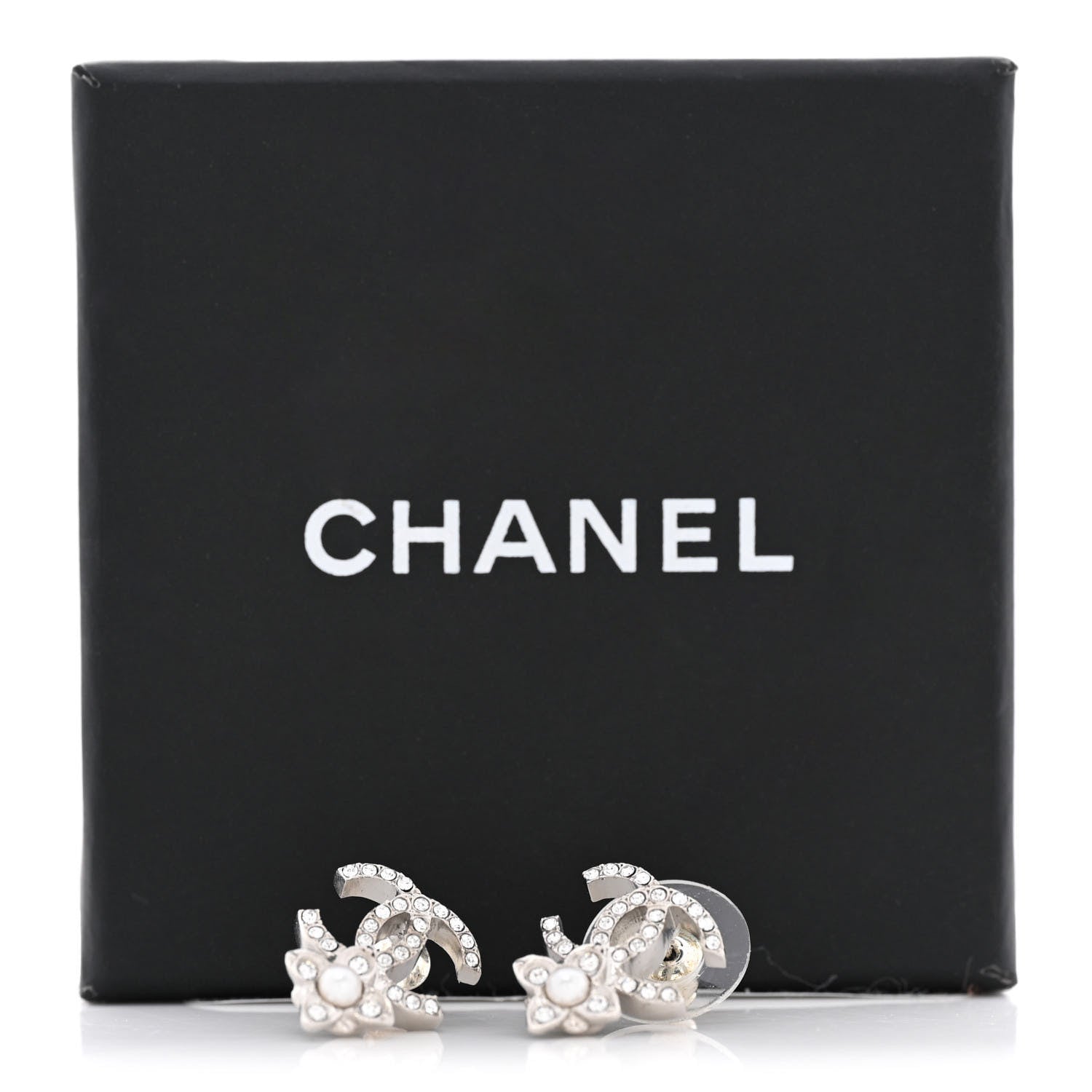 Chanel Crystal Pearl Flower CC Earrings Silver 5 of 5