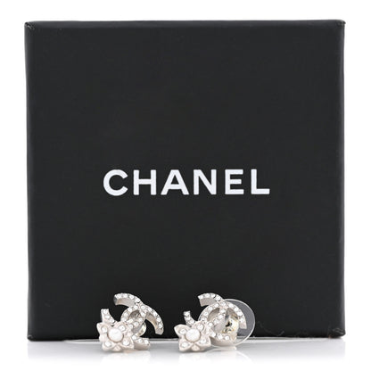 Chanel Crystal Pearl Flower CC Earrings Silver 5 of 5
