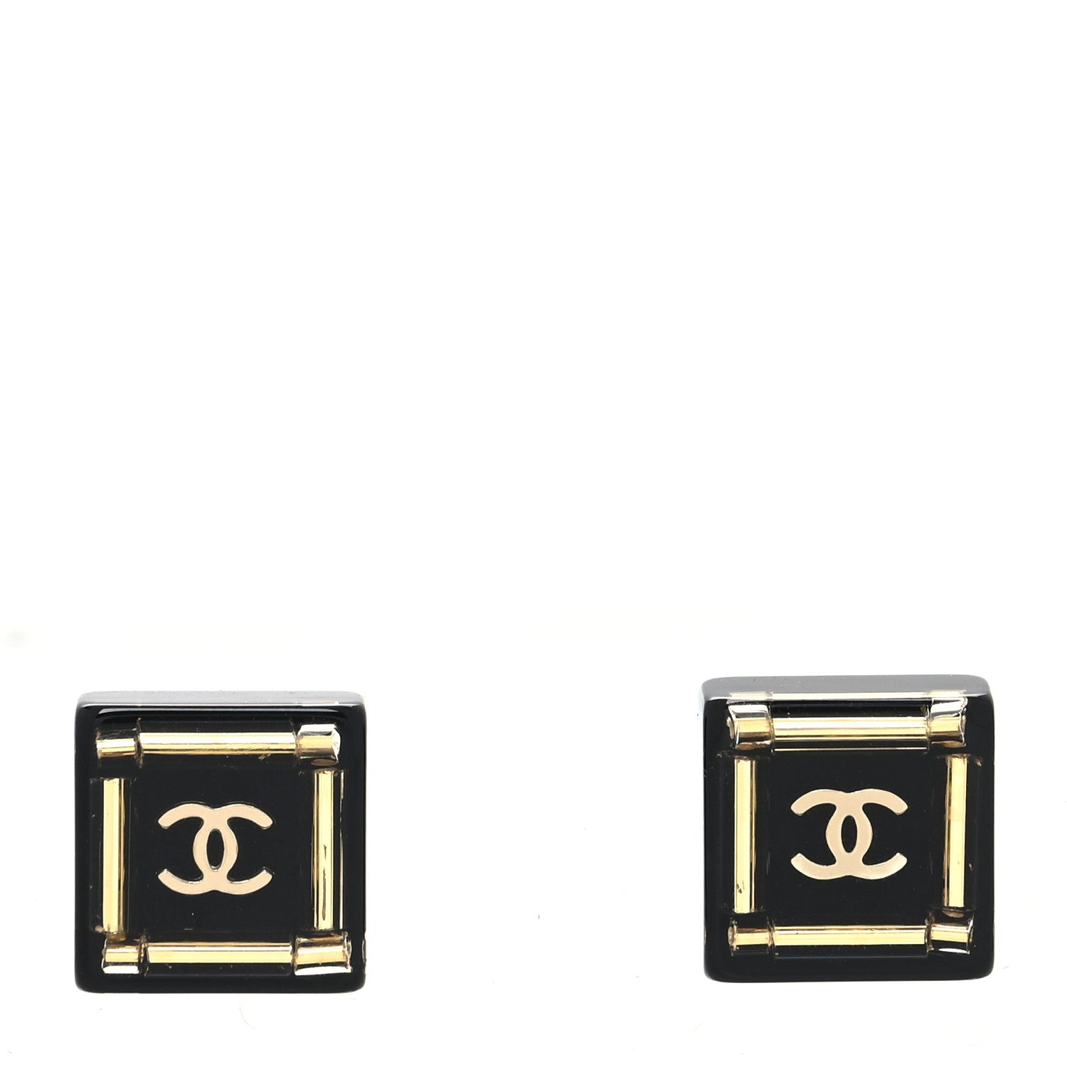 Chanel Resin Square CC Earrings Black Gold 1 of 4
