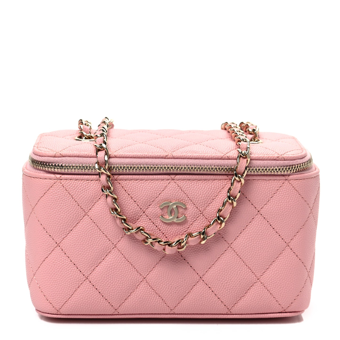 Caviar Quilted Small Vanity Case With Chain Pink