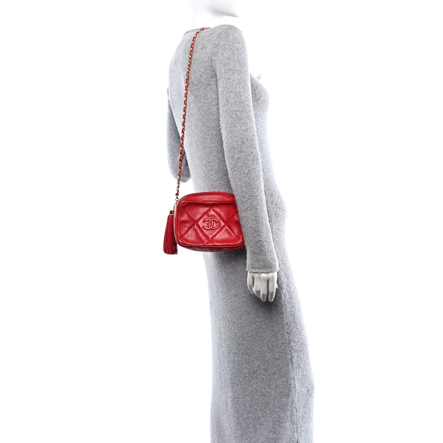 Lambskin Quilted Tassel Camera Case Red