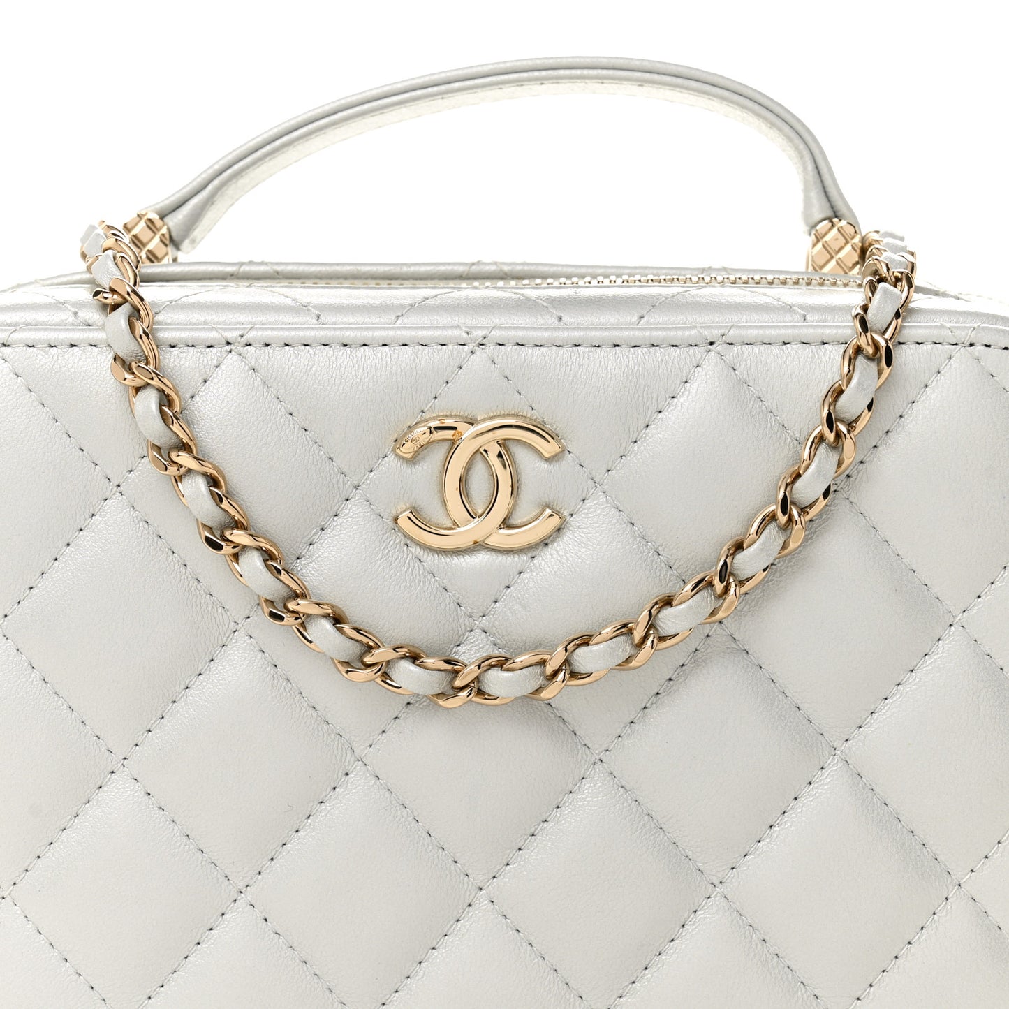 Metallic Lambskin Quilted Top Handle Vanity Case Silver