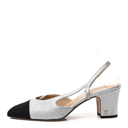 Chanel Metallic Lambskin Grosgrain Cap Toe CC Slingback Sandals 38.5 Black Silver 1 of 7