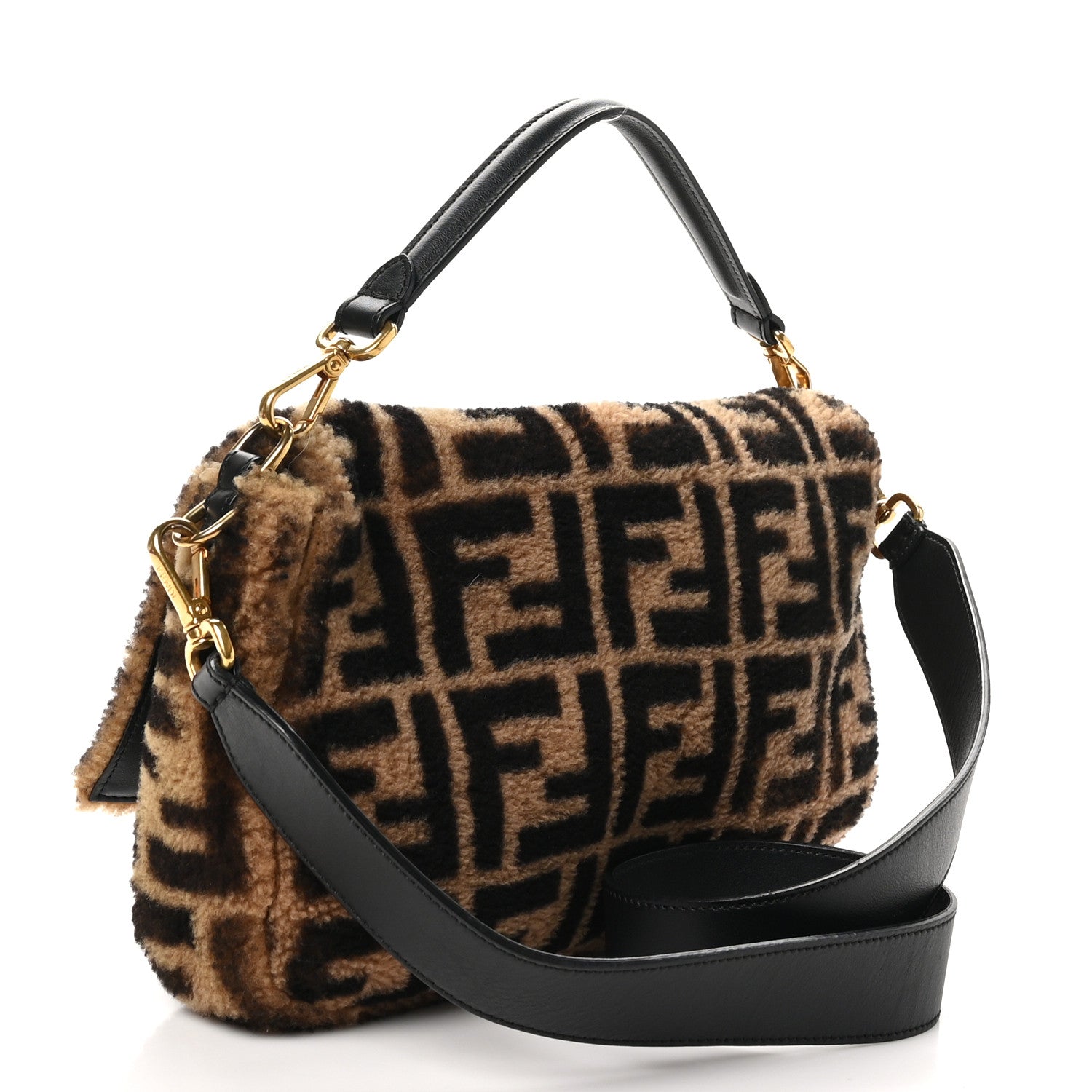 Fendi Shearling Vitello Dolce Macro FF 1974 Large Baguette Tobacco Black 3 of 10