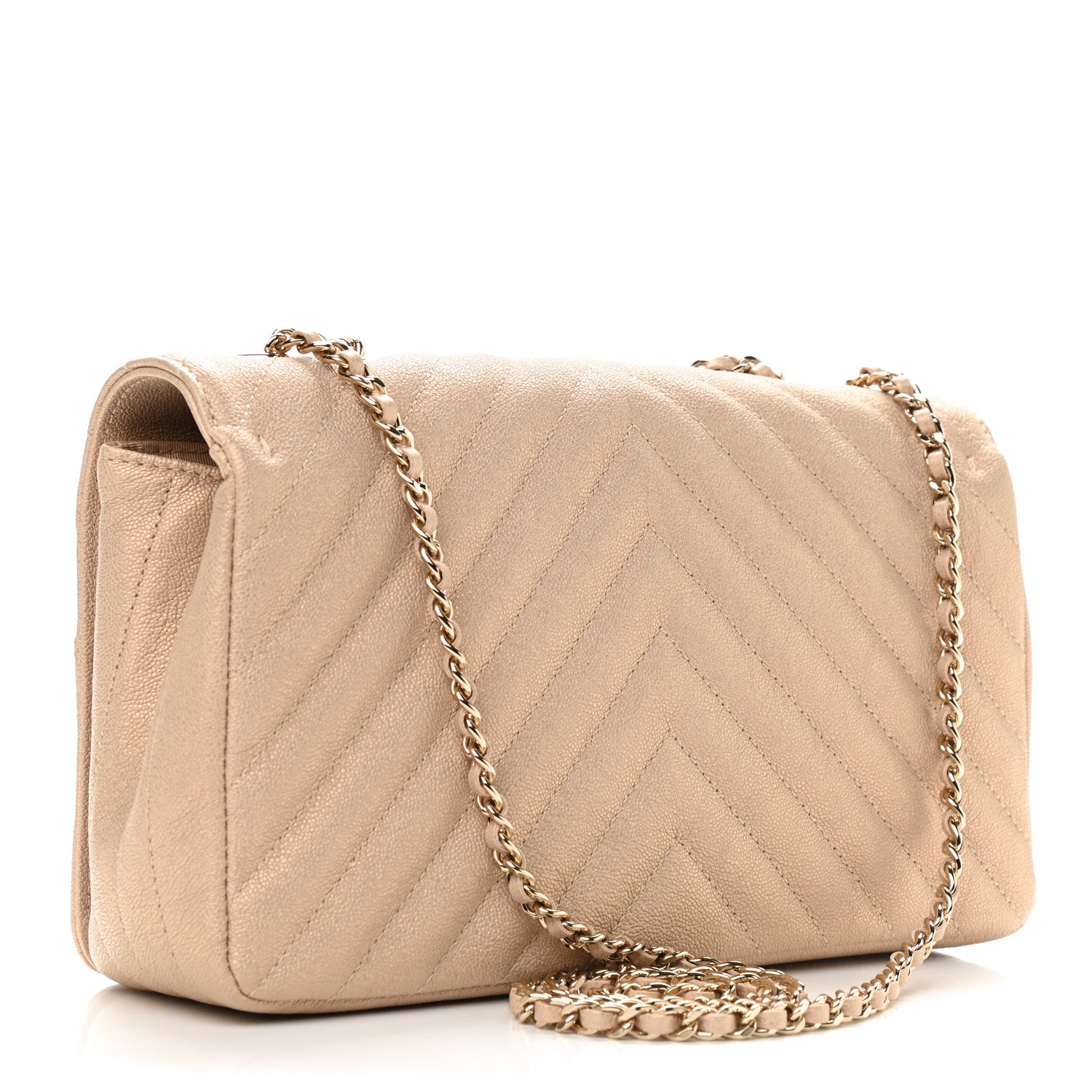Chanel Metallic Caviar Chevron Quilted Medium Statement Flap Beige 3 of 9