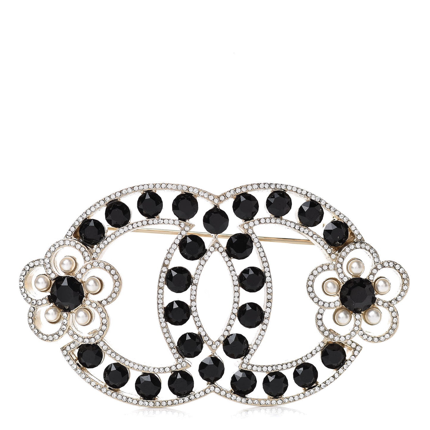 Crystal Pearl Crystal Blossom CC Brooch Light Gold Black