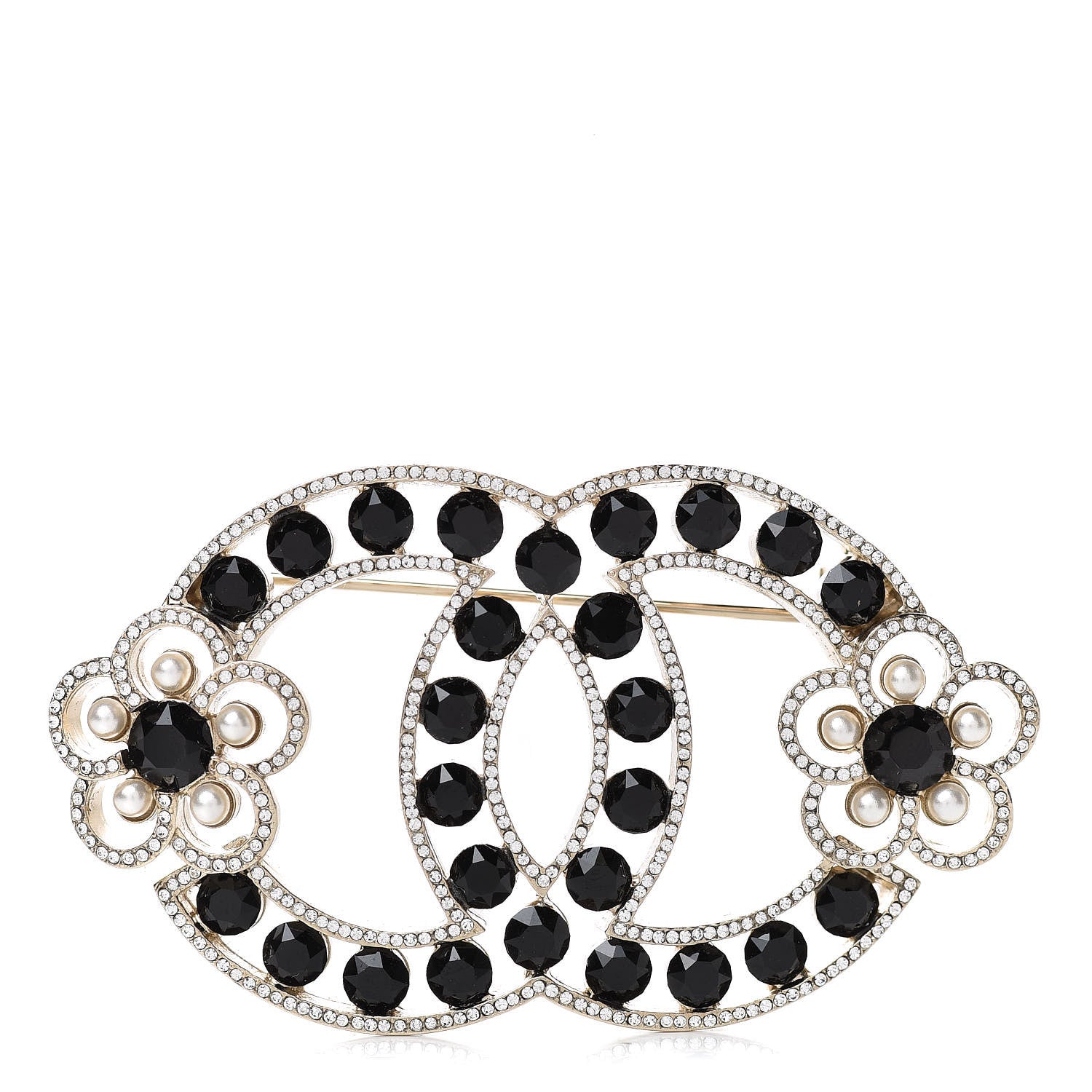 Chanel Crystal Pearl Crystal Blossom CC Brooch Light Gold Black 1 of 5