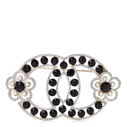 Chanel Crystal Pearl Crystal Blossom CC Brooch Light Gold Black 1 of 5