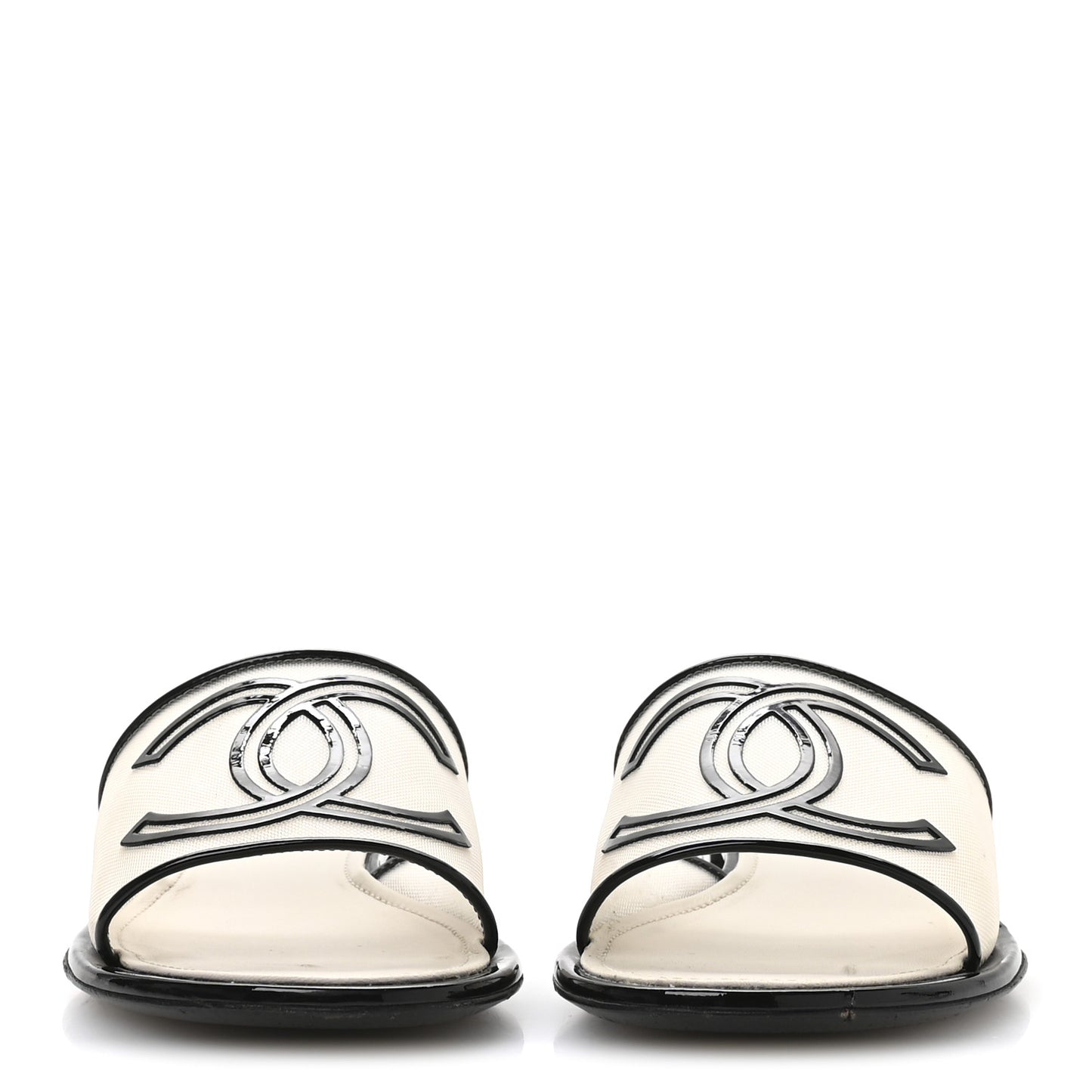 Mesh Patent Calfskin CC Sandal Mule 39.5 Beige Black