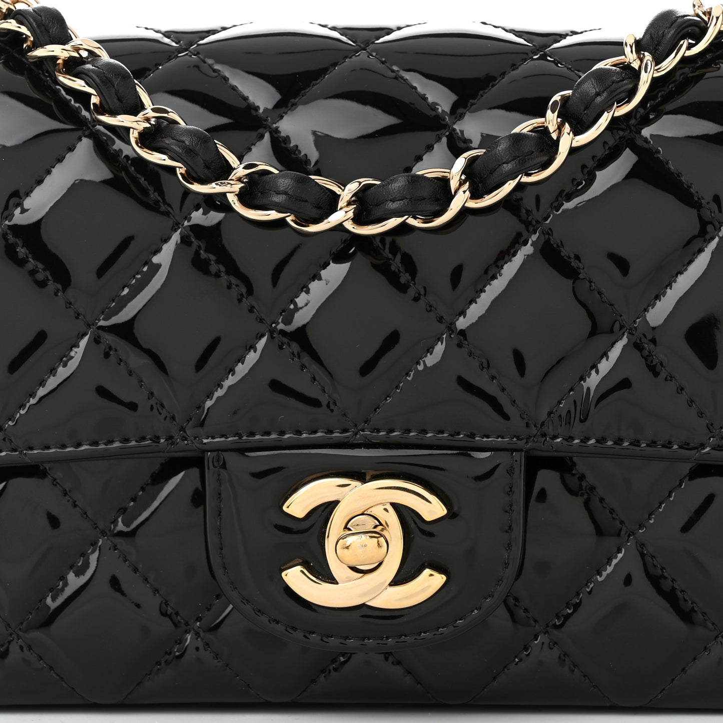 Patent Calfskin Quilted Mini Rectangular Flap Black