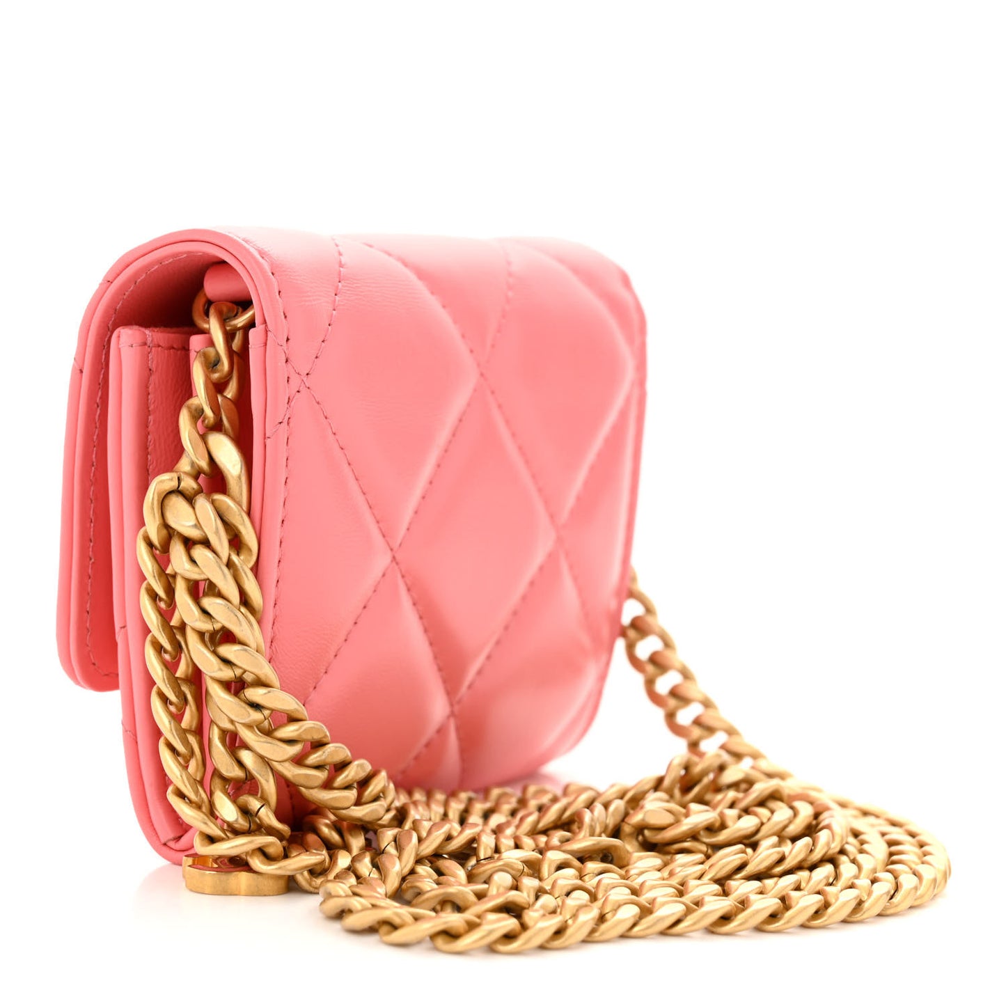 Lambskin Enamel Quilted Pending CC Card Holder On Chain Pink