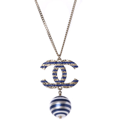 Chanel Resin Pearl Striped CC Drop Necklace Blue Gold 3 of 7