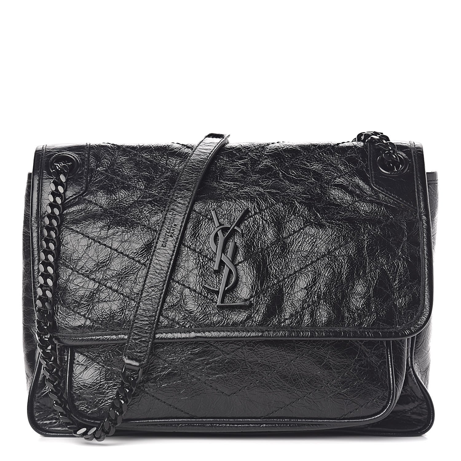 Saint Laurent Crinkled Calfskin Matelasse Monogram Medium Niki Chain Satchel Black 1 of 12