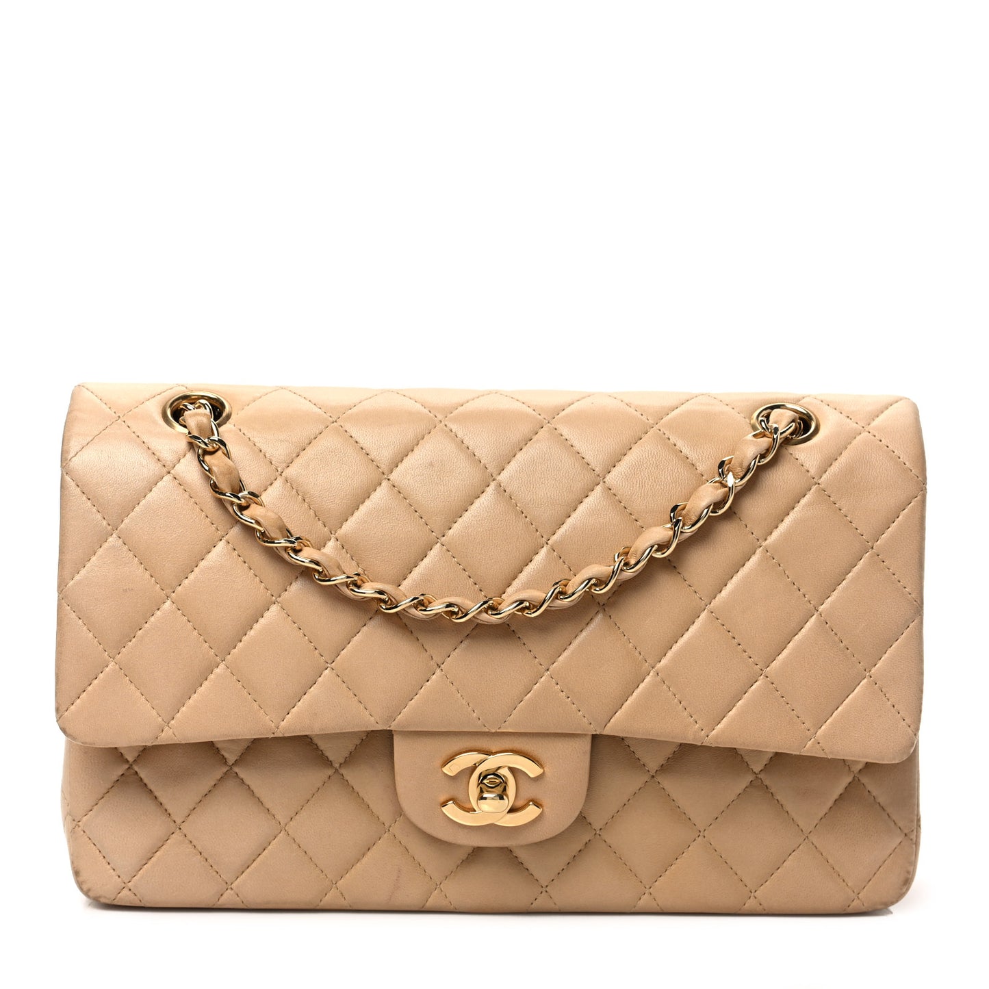 Lambskin Quilted Medium Double Flap Beige