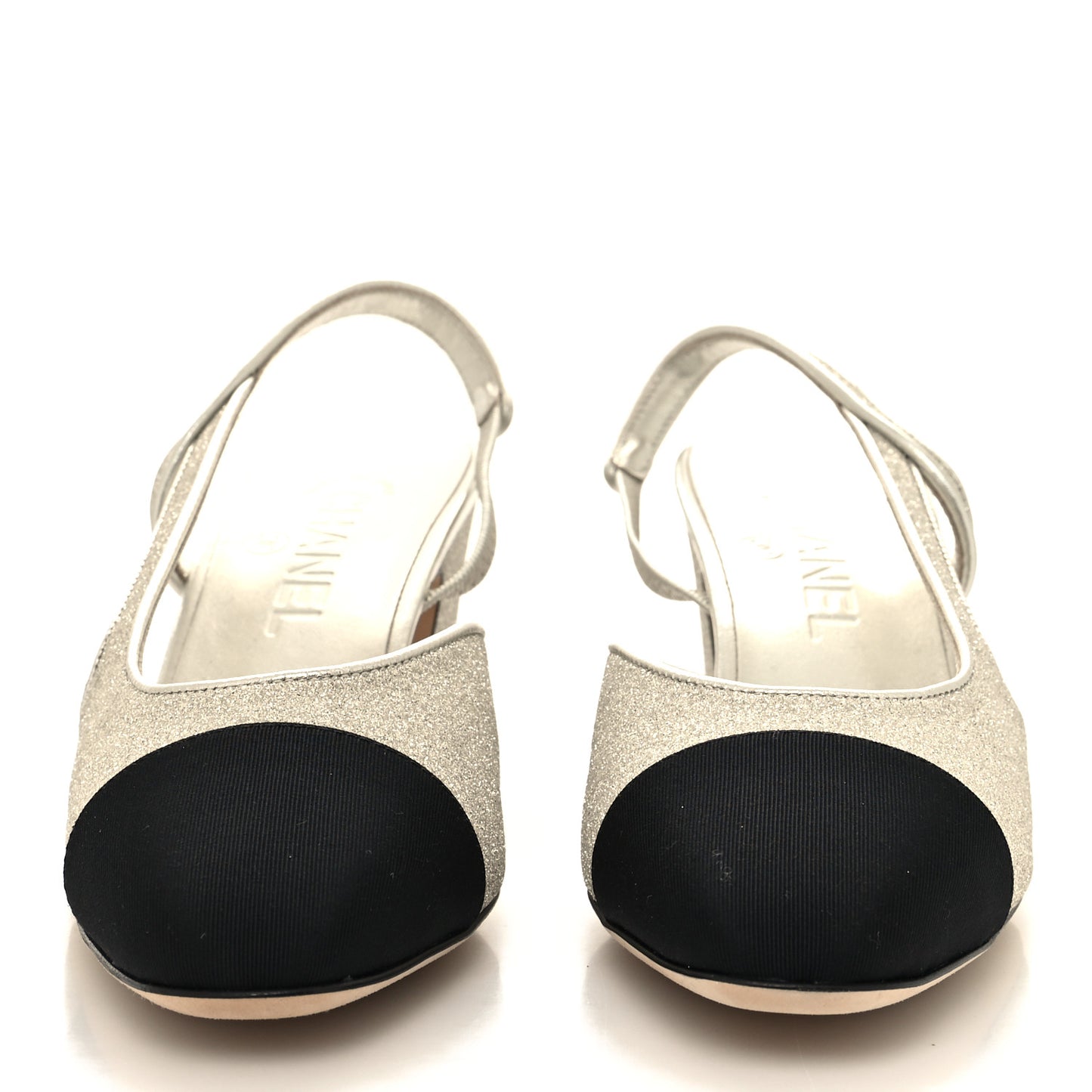 Glitter Grosgrain Cap Toe CC Slingback Pumps 38 Silver Black