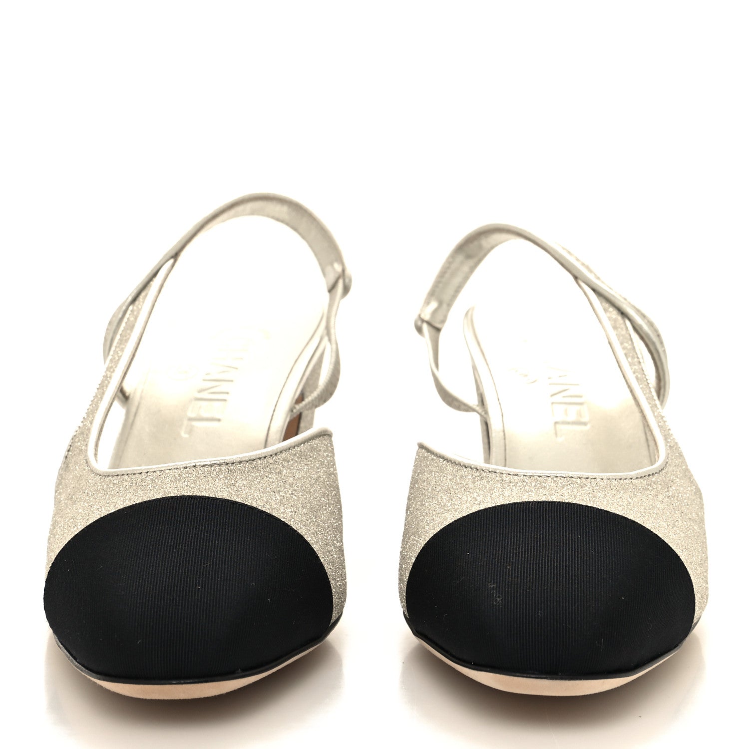 Chanel Glitter Grosgrain Cap Toe CC Slingback Pumps 38 Silver Black 2 of 8