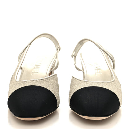 Chanel Glitter Grosgrain Cap Toe CC Slingback Pumps 38 Silver Black 2 of 8