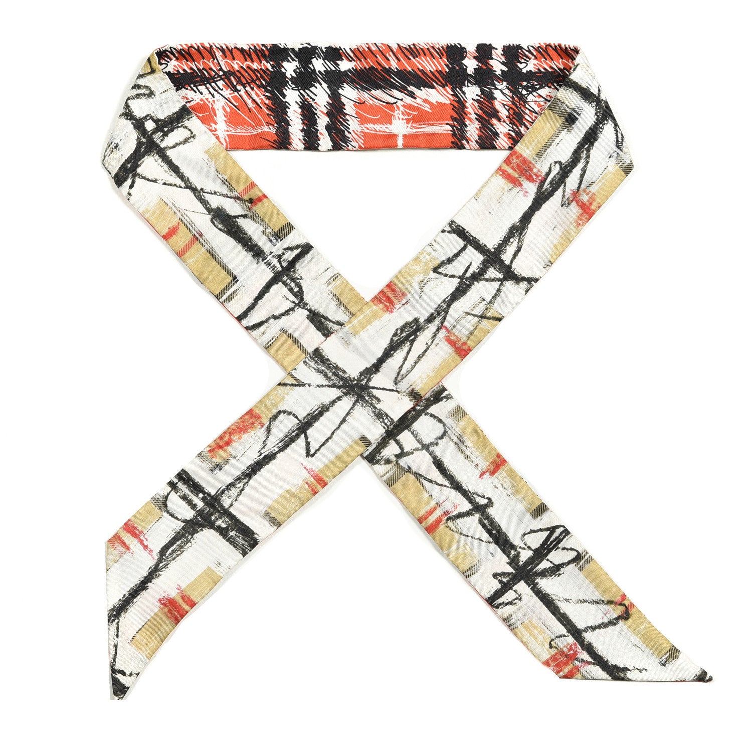 Burberry Silk Disruptive Check Scribble Print Skinny Scarf Bright Red 1 of 2
