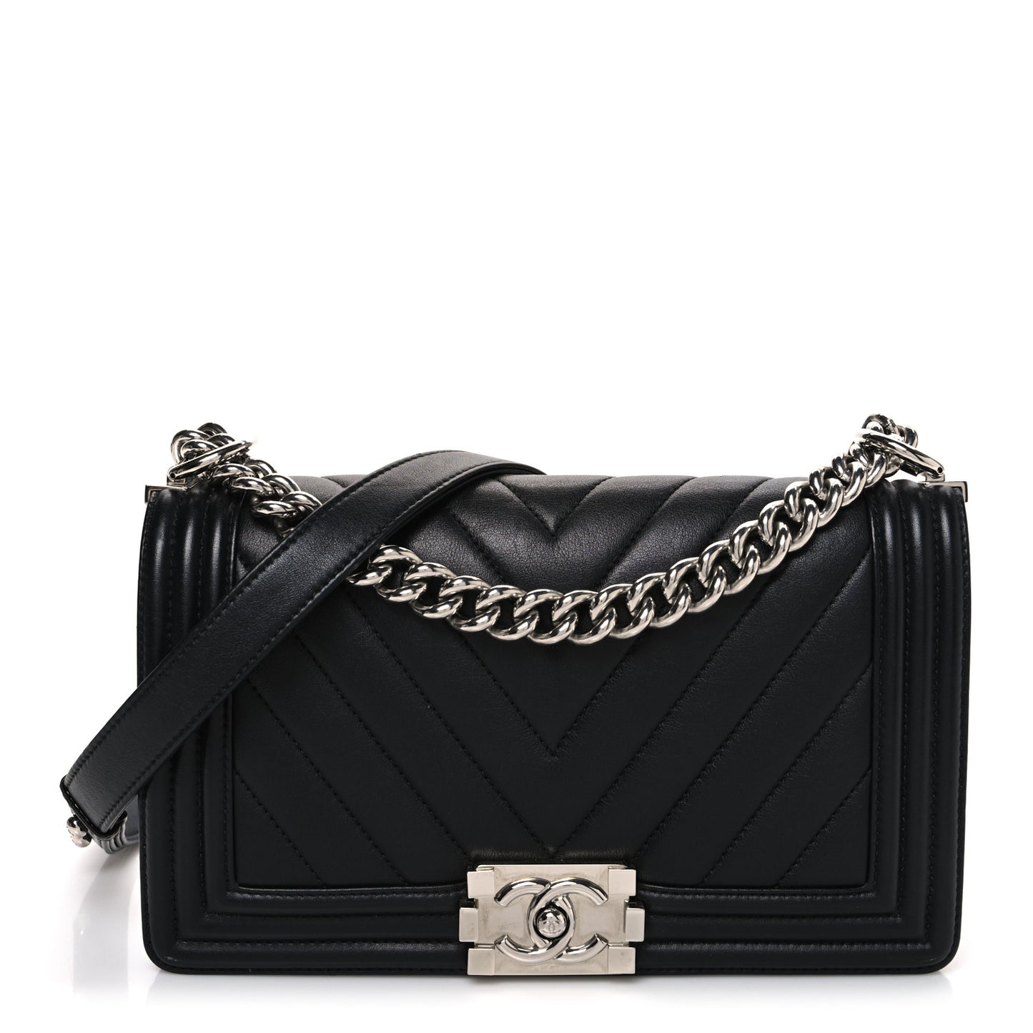 Calfskin Chevron Quilted Medium Boy Flap Black