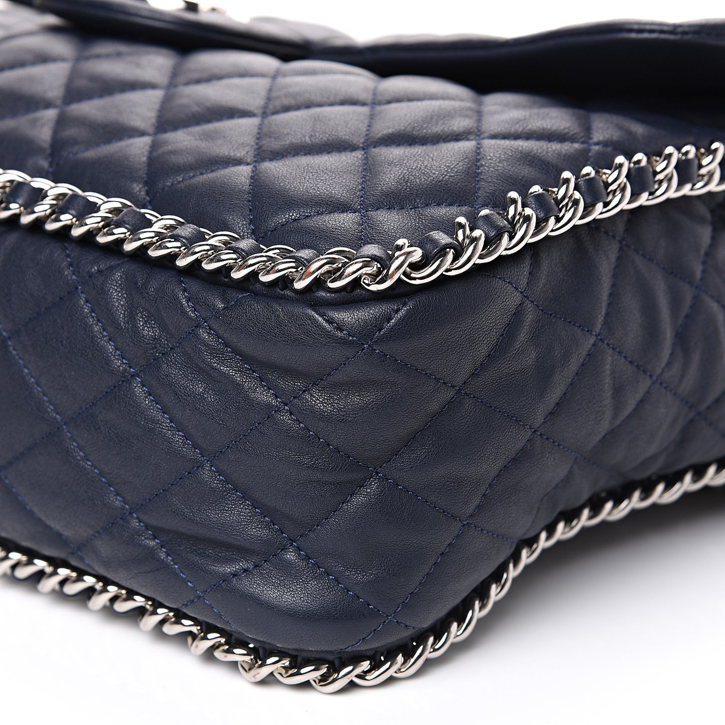 Washed Lambskin Quilted Chain Around Maxi Flap Dark Navy Blue