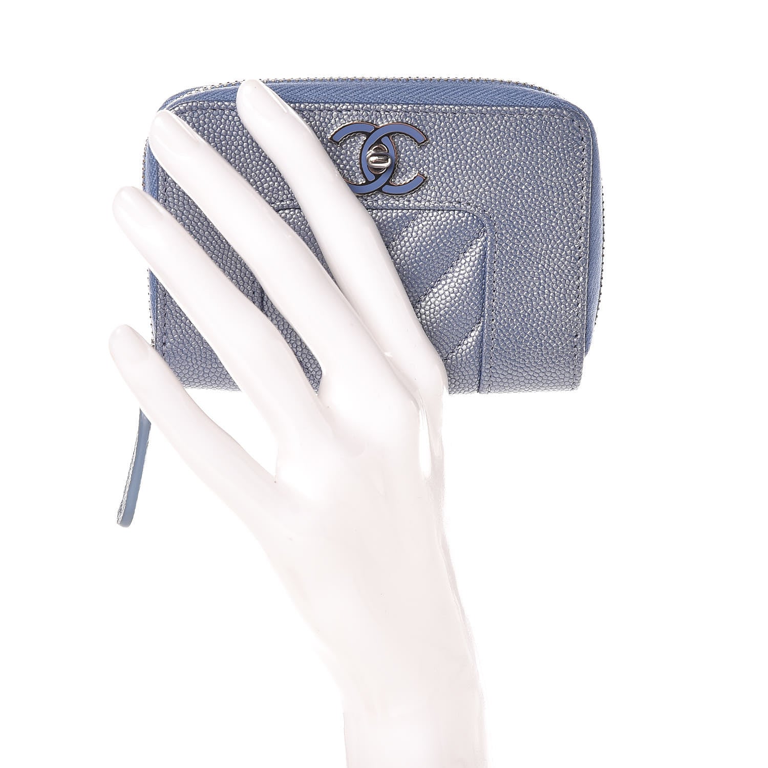 Chanel Metallic Caviar Chevron Quilted Vintage Mademoiselle Zip Coin Purse Light Blue 2 of 8