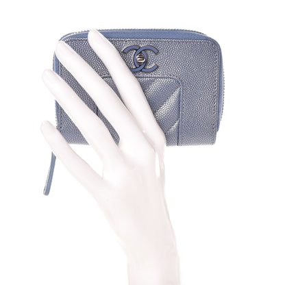 Chanel Metallic Caviar Chevron Quilted Vintage Mademoiselle Zip Coin Purse Light Blue 2 of 8