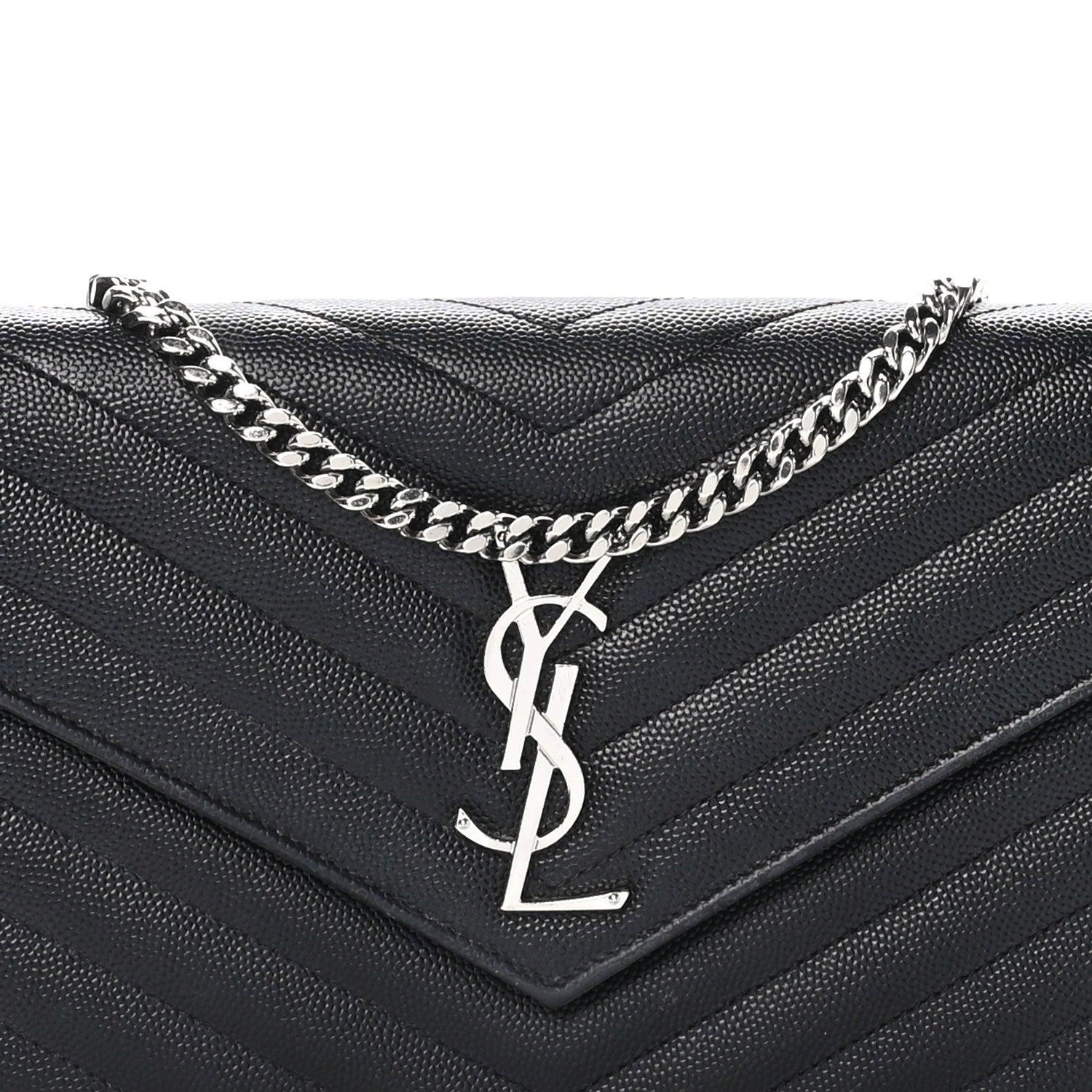 Saint Laurent Grain De Poudre Matelasse Chevron Monogram Chain Wallet Black 8 of 11