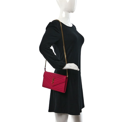 Saint Laurent Grain De Poudre Matelasse Chevron Cassandre Chain Wallet Lipstick Fuschia 3 of 8
