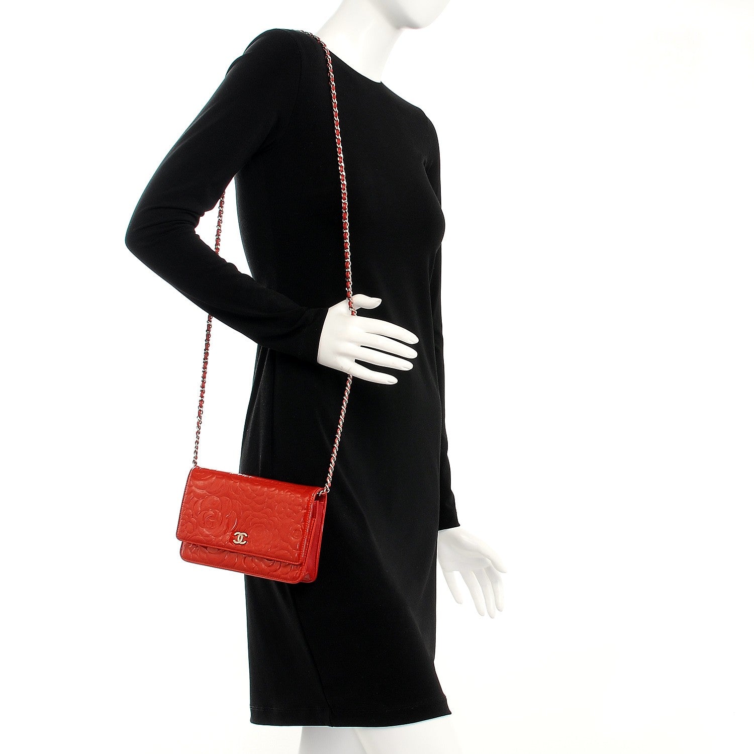 Chanel Patent Camellia Embossed Wallet On Chain WOC Dark Red 2 of 9