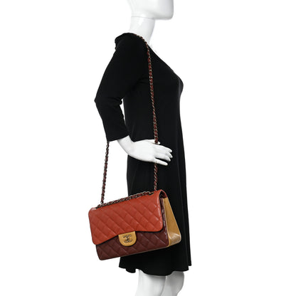 Chanel Lambskin Quilted Tri-Color Jumbo Double Flap Orange Burgundy Yellow 2 of 14