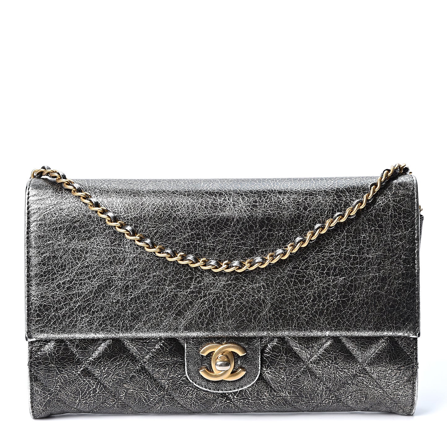 Cracked Metallic Calfskin Quilted Zip Away Chain Clutch Dark Silver