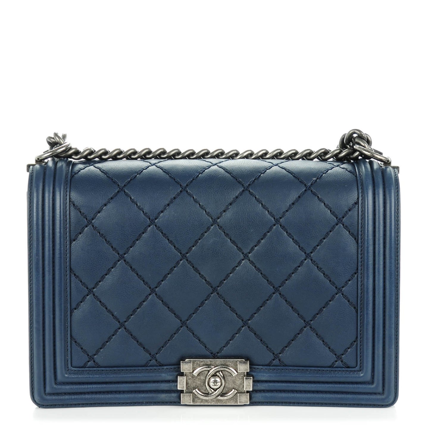 Calfskin Double Stitch New Medium Boy Flap Navy Blue