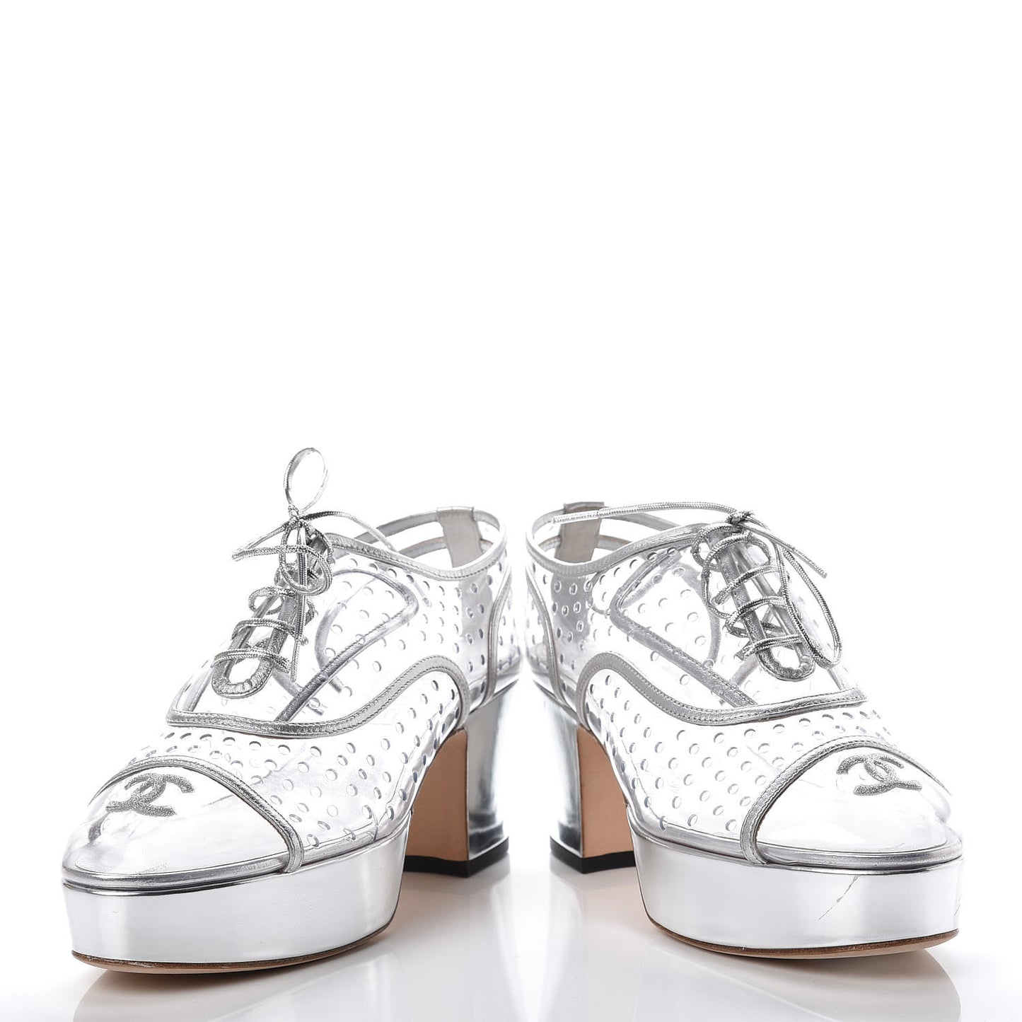 Metallic Calfskin PVC Cap Toe Lace Up Platform Heels 36 Silver