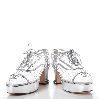 Chanel Metallic Calfskin PVC Cap Toe Lace Up Platform Heels 36 Silver 6 of 9