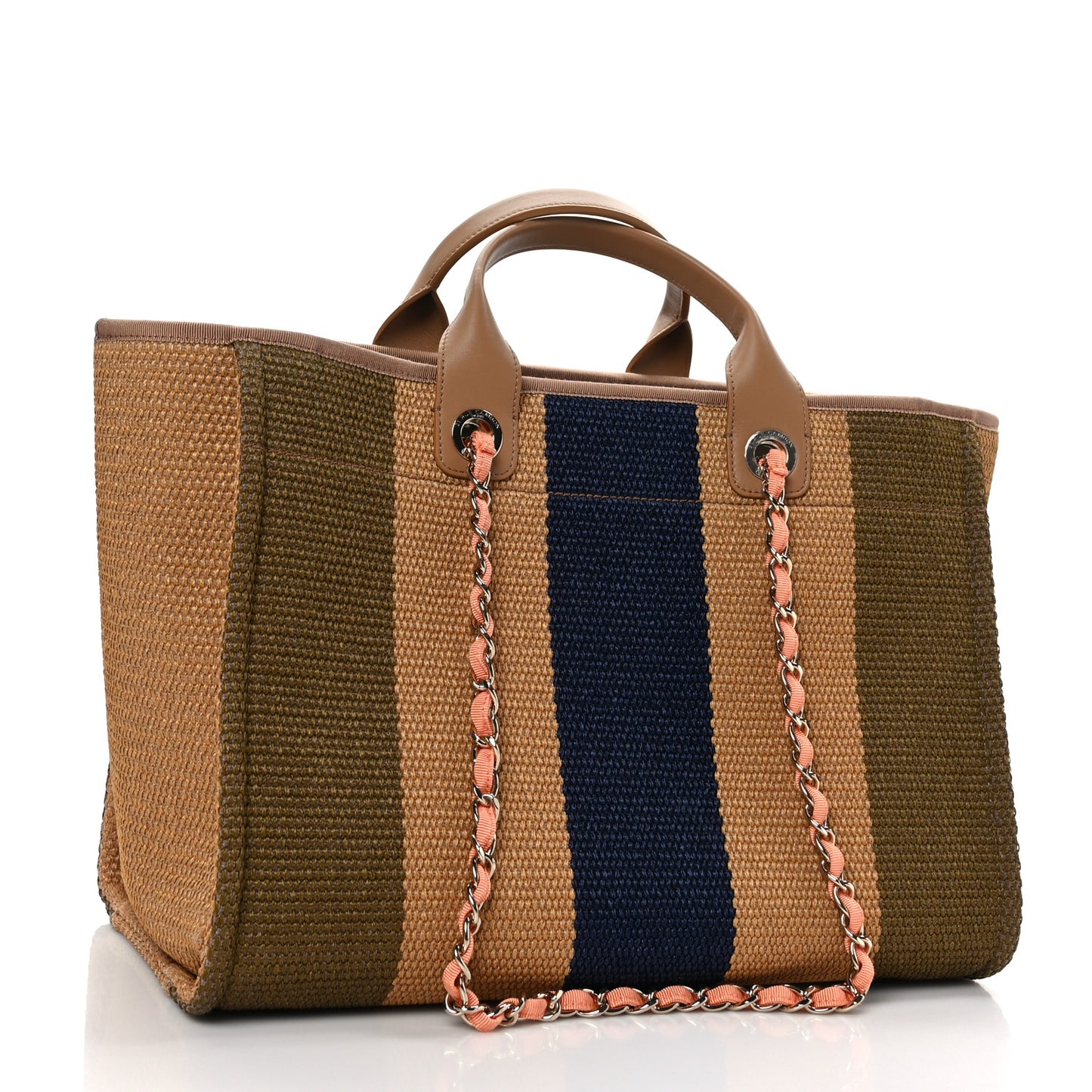 Straw Raffia Calfskin Striped Medium Deauville Tote Khaki Beige Navy Blue