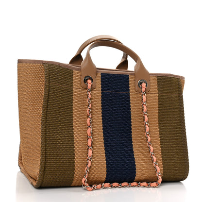 Chanel Straw Raffia Calfskin Striped Medium Deauville Tote Khaki Beige Navy Blue 3 of 9